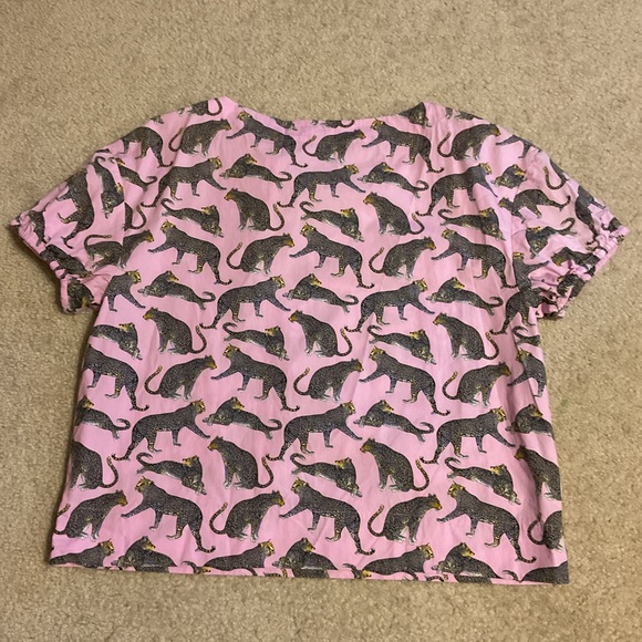J. Crew Ratti Cheetah Print Safari Blouse Pink Open V Neck 100% Cotton Women’s L - Picture 11 of 14